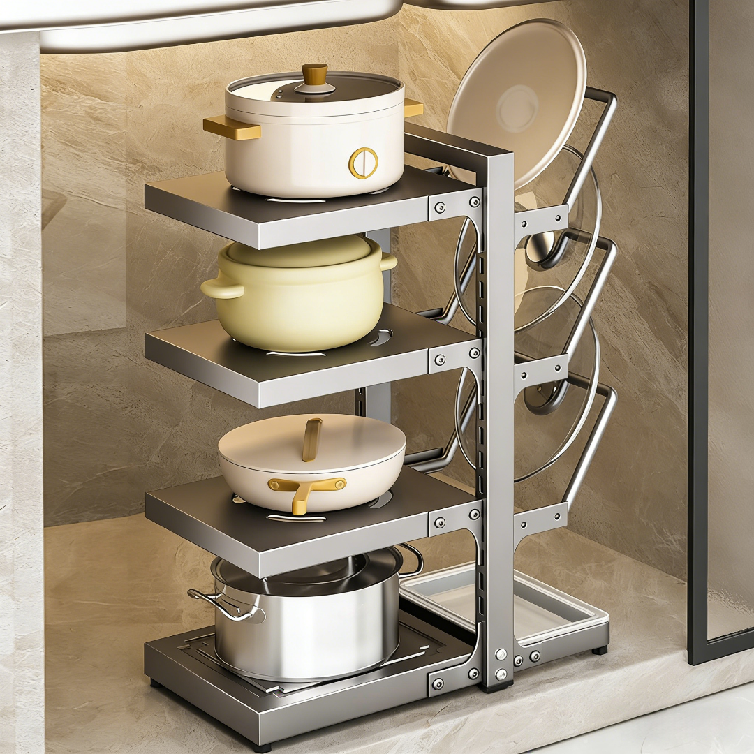 Adjustable Pot & Lid Organizer Rack – Multi-Layer Kitchen Storage