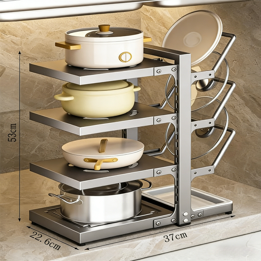 Adjustable Pot & Lid Organizer Rack – Multi-Layer Kitchen Storage